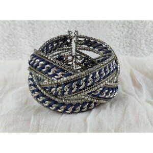 Bracelet Weave TriBand Memory Wire Blue Thread Silver Chain Beads Boho Cottage